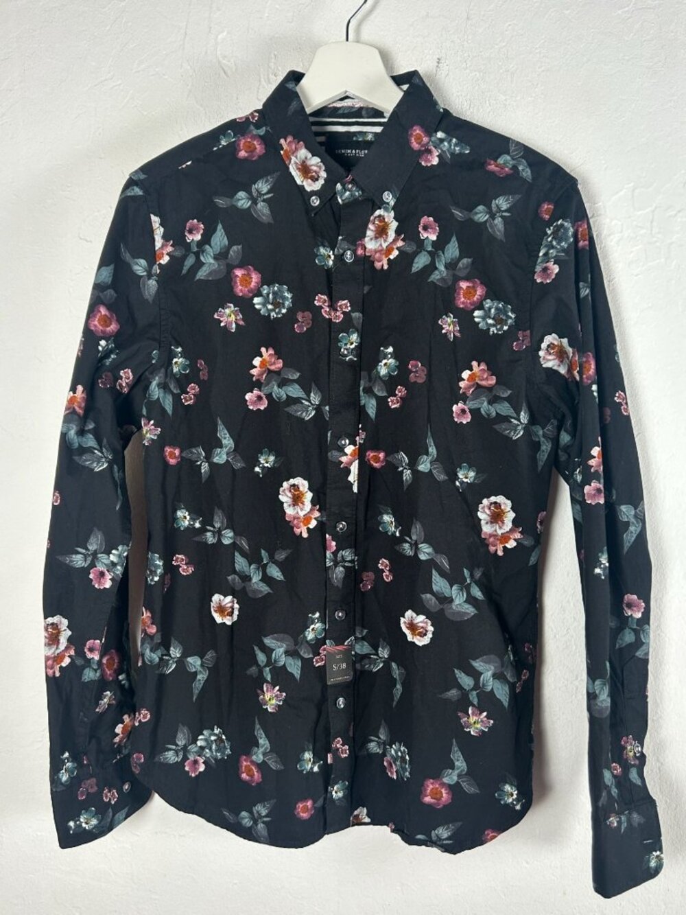 Denim & Flower Mens Black Floral Long-Sleeve Button-Down Shirt Small Casual New